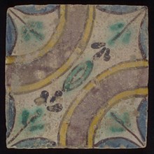 Ornament tile, multicolored floor tile in blue, green, yellow, purple on white background, around two corners large purple