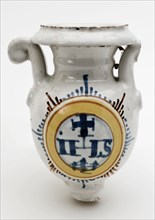 Fragment faience altar vase with in medallion IHS, altar vase vase holder soil find ceramic earthenware glaze tin glaze leadgg