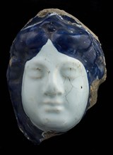 Fragment of huge faience vase, female head, vase barrel holder soil find ceramic pottery glaze tin glaze, in mold shaped baked