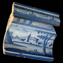 Profiled construction fragment, part of faience frieze, showing landscape in blue, frieze frame part ceramics pottery glaze tin
