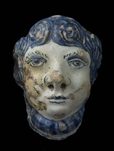 Fragment of huge faience vase, painted male head, vase barrel pot holder soil find ceramic pottery glaze tin glaze, in mold