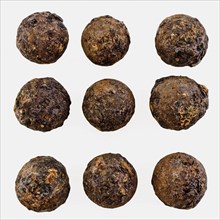 Nine iron bullets, kartets, all about the same size, bullet projectile soil found iron metal, cast Nine iron bullets