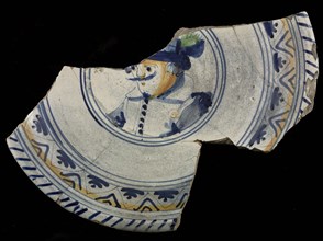 Fragment majolica dish with polychrome image of man with hat, plate crockery holder soil find ceramic earthenware glaze tin