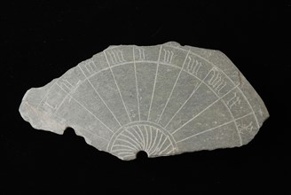 Fragment sundial, slate disc with incised Roman numerals, sundial clockwork measuring instrument fragment soil found slate stone