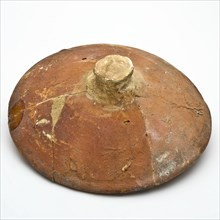 Pottery lid with small knob as handle, red shard, unglazed, lid closure soil found ceramic pottery, hand turned baked lid red
