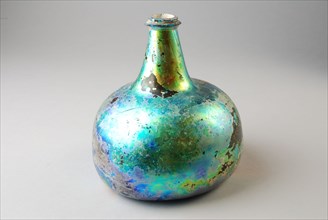 Belly bottle, strongly iridescent, conical neck, glass wire around opening, belly bottle bottle holder soil find glass forest
