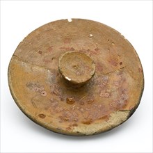 Earthenware lid with recessed button as handle, red shard, lid closure soil found ceramic earthenware, hand-turned baked Lid red