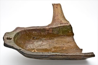 Fragment of earthenware spit dish, stem, stand lobe and suspension eye, grease trap baking utensil holder soil find ceramic