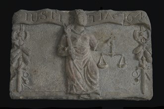 Facade stone with Lady Justice and inscription JUSTITIA 1646, facing brick sculpture sculpture building component sandstone
