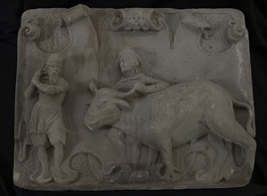 Facade stone of the meat hall, cartouche with two men and ox, facing brick sculpture sculpture building component sandstone