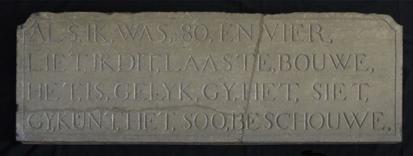 Facade stone with inscription When I was 80 and four I had this last build. It is the same you can see it soo, Als ik was 80 en