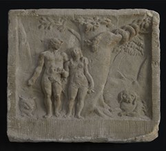 Facade stone of sandstone, Adam and Eve next to tree with snake, facing sculpture sculpture material building component