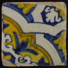 Ornament tile, diagonally across the tile white braid band motif, corner motif quarter rosette, wall tile tile sculpture ceramic