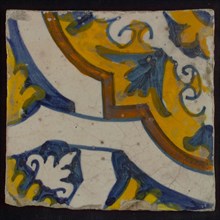 Ornament tile, diagonally over the tile white braid band motif, corner motif quarter rosette, wall tile tile sculpture ceramic
