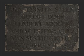 Facade stone with text The first stone ... Leendert Boogert ... Sestienhoven ... 1789, facing brick building part stone, minced