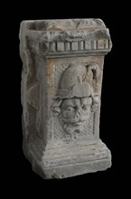 Basement with male head, basement ornament building component sandstone stone, sculpted Rectangular basement with male head