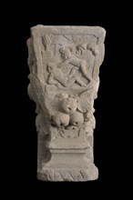 Console with representation Cain and Abel, ornament building component sandstone stone, sculpted Inverted pyramidal shape