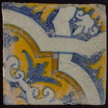 Ornament tile, diagonally over the tile white braid band motif, corner motif quarter rosette, wall tile tile sculpture ceramic
