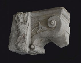 Console with abstract decoration, one side plane, console building element sandstone stone cement, sculpted Console