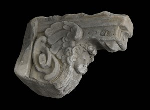 Console with angel's head and wings, console building element sandstone stone, sculpted Console with an angled head on the front
