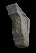 Console with man's head, console building element sandstone stone, sculpted Console with at the top and bottom side edges band