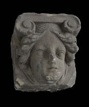 Console with female head with hair band, on top of double curl, console building element sandstone stone, sculpted Console