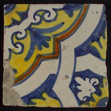 Ornament tile, diagonally across the tile white braid band motif, corner motif quarter rosette, wall tile sculpture ceramic