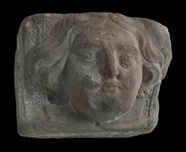 Console, male head with long hair and mustache, console building element sandstone stone, sculpted Console with male head