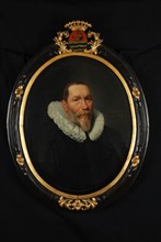 Jan Daemen Cool, Portrait of Gerrit Meeusz. Fishy, portrait painting visual material wood oil, Oval portrait of man representing