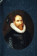 Oval portrait of Century Eeuwoutsz. Prince (circa 1590-1636), man with millstone collar and beard, portrait painting footage