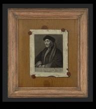 Edwaert Collier, Portrait of Desiderius Erasmus painted as trompe-l'oeil paper sealed on shelf, portrait painting material