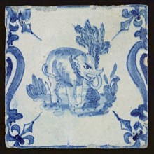 Animal tile, elephant between balusters, in blue on white, corner pattern french lily, wall tile tile sculpture ceramics pottery