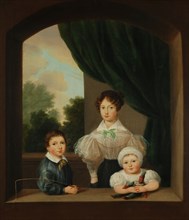 Portrait of woman and two children, group portrait portrait painting imagery linen oil painting, Portrait rectangular portrait