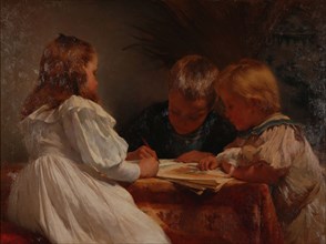Frederik Nachtweh, Portrait of three children playing, entitled Vol Verwachting, portrait painting footage linen oil, Standing