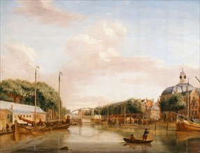 Nicolaes Muys, New fish market at the Blaak, Rotterdam, cityscape painting panel footage wood oil, View of the Blaak