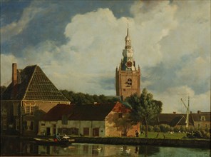 Cornelis Ouboter van der Grient, Church and ferry house Overschie, Rotterdam, village view painting footage linen paint wood