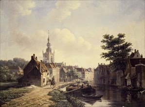 Jacobus van Gorkom jr., View of Overschie with left dike street and right canal, Rotterdam, village view painting footage linen