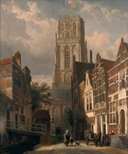 Cornelis Springer, View of the Laurenskerk from the Lange Torenstraat, Rotterdam, cityscape painting visual material oil paint