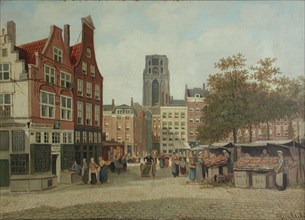 Franciscus Lodewijk van Gulik (Maastricht 1841 - Rotterdam 1899), The Grotemarkt on market day with the house In Duizend Vreezen