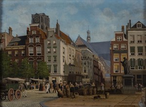 Franciscus Lodewijk van Gulik (Maastricht 1841 - Rotterdam 1899), View of the Grotemarkt with statue of Erasmus, Rotterdam