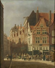 Franciscus Lodewijk van Gulik (Maastricht 1841 - Rotterdam 1899), The Grotemarkt on market day with the house In Duysent Vreesen