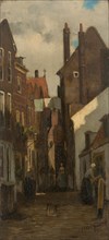 Johan van Hulsteijn, Alley in the Zandstraat area, Rotterdam, cityscape painting artwork wood oil, Oil on panel without frame