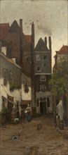 Johan van Hulsteijn, Alley in the Zandstraat area, Rotterdam, cityscape painting artwork wood oil, Oil on panel without frame