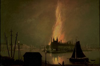Rein Miedema, View of fire on the North Island at night, cityscape painting material linen oil painting wood 40,5 w 61,0 Oil