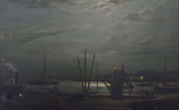 Rein Miedema, View of the Maas and the Noordereiland from the Oosterkade by night, Rotterdam, cityscape painting visual material