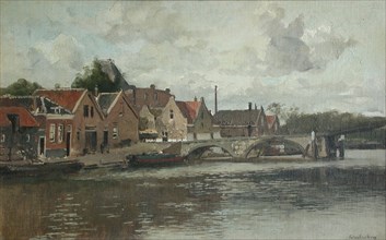 Johannes Christiaan Karel Klinkenberg, Bridge at Overschie, Rotterdam, village view painting material oil paint linen, Signed