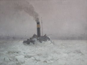 Willem Adrianus Fabri, Icebreaker on the Maas near Rotterdam, painting visual material oil paint wood, on back: Rotterdam Maas