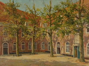 Jan Sirks, Inner courtyard of the Reformed Burger Weeshuis in Rotterdam, painting visual material oil paint linen, Signature