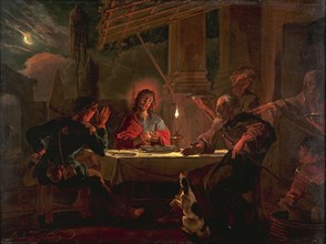 Abraham Hondius, Christ in Emmaus, painting visual material oil paint wood, Painting: oil on panel. Reclining rectangle signed