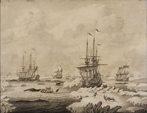 Adriaen van Salm, Painting in shades of gray, with whalers in operation, painting visual material paint oil paint wood, Painting